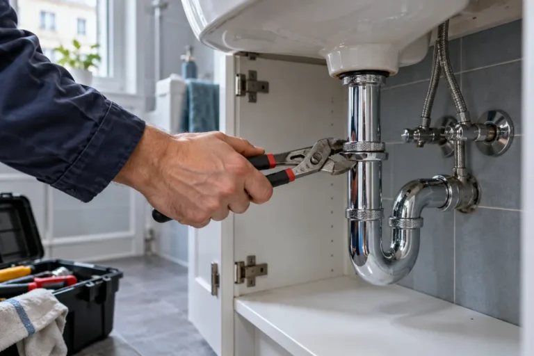Main réparant le siphon sous un lavabo avec une pince — image d’illustration.