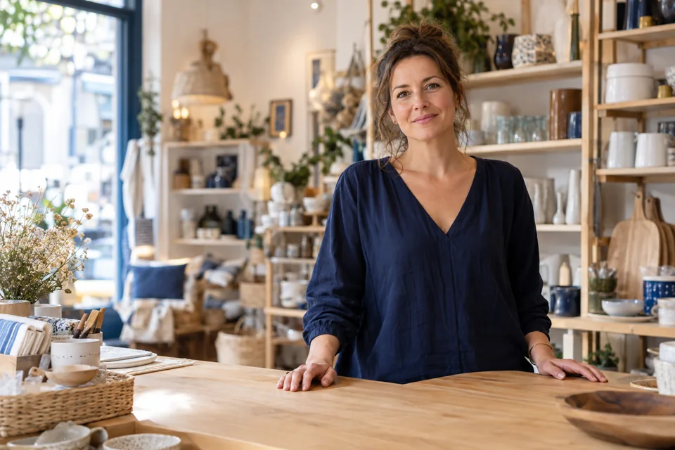 Commerçante souriante derrière le comptoir de sa boutique — image d’illustration