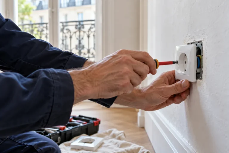 Mains d’un électricien installant une prise murale — illustration